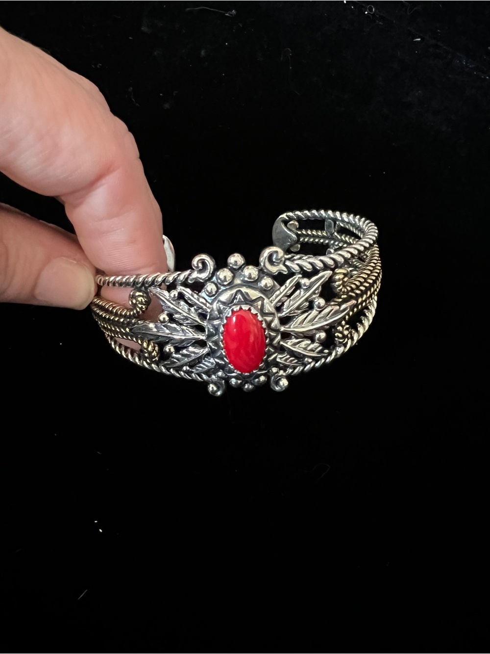 Carolyn Pollack Sterling Silver and Brass Cuff Bracelet with Red Coral Stone